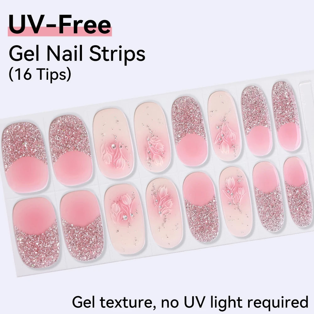 16Tips Pink Red French UV-Free Gel Nail Stickers Sparkly Shinning Qme CMK-0124