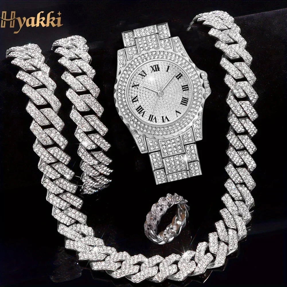 4Pcs Men's Gold Iced Out Jewelry Set, Full Diamond Dial Quartz Watch + Cuban Link Chain + Bracelet + Ring, Hip Hop Bling Style Qme