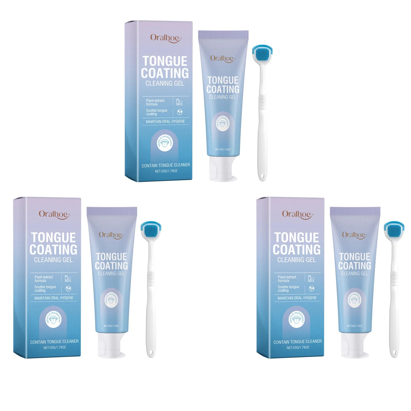 Oralhoe Tongue Coating Cleaning Gel for Fresh Breathing Odor Remover Mint Oral Hygiene Products with Silicone Tongue Scraper 50g Qme 3 X 50g Boxed