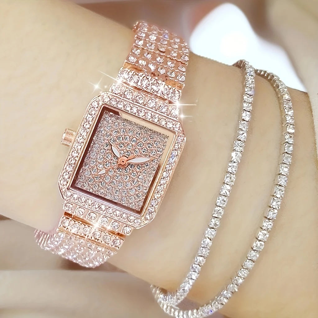 3pcs/set Ladies Watch Luxury Women Watch Crystal Rhinestone Watches Quartz Stainless Steel Strap Wristwatch Square Dial Wrist Qme Rose