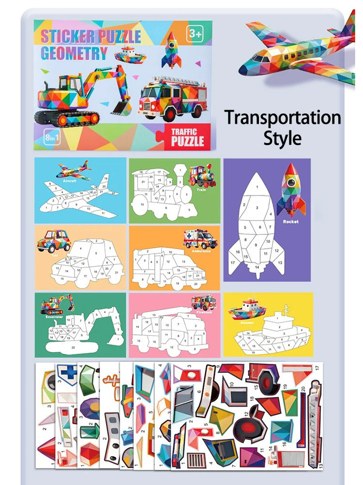 3D Puzzle Stickers DIY Craft Kits Animal Collage 5 Themes Back-to-School Gift Creative Educational 9-PCS Kit with Clips Qme Transportation