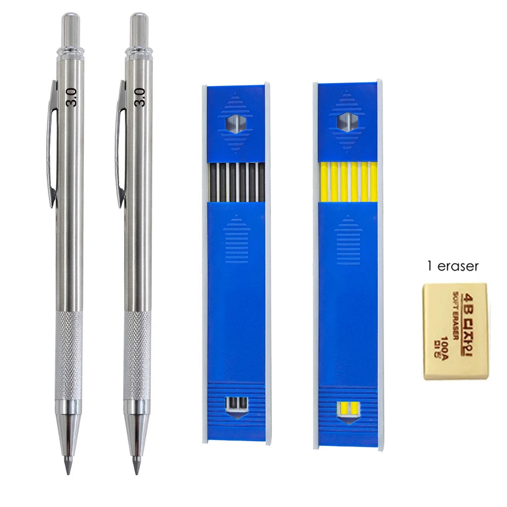 Mechanical Pencil Set 3.0mm Full Metal Art Drawing Painting Automatic Pencil with Leads Office School Supply Qme 2Pen 2refill 1er C