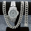 Men's Bling Jewelry Set: Gold Iced Out Watch + Cuban Link Chain + Bracelet, 3Pcs Hip Hop Set Qme Multicolor