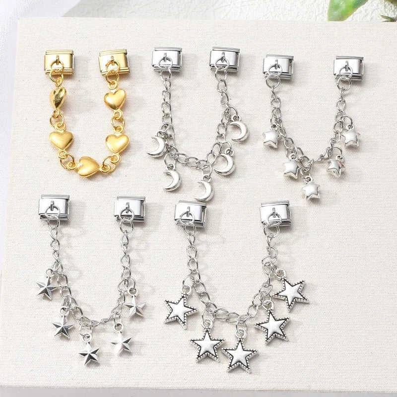 Wholeasle Preety Colored Zircon Tassel Chain Series Italian Charm Link Fit 9mm Stainless Steel Bracelet Women Jewelry DIY Making Qme