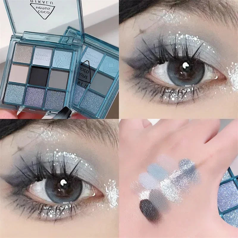 9 Colors Dark Punk Smoked Eyeshadow Palette Black Purple Pearl Matte Brightening Lying Silkworm Fine Shimmer Earth Color Makeup Qme Blue