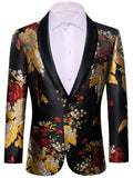 Men's Black Gold Red Floral Jacquard Shawl Lapel Blazer Single Breasted Tuxedo Jacket Suit Coat for Wedding Prom Party Outerwear Qme XX-0030 XXXL