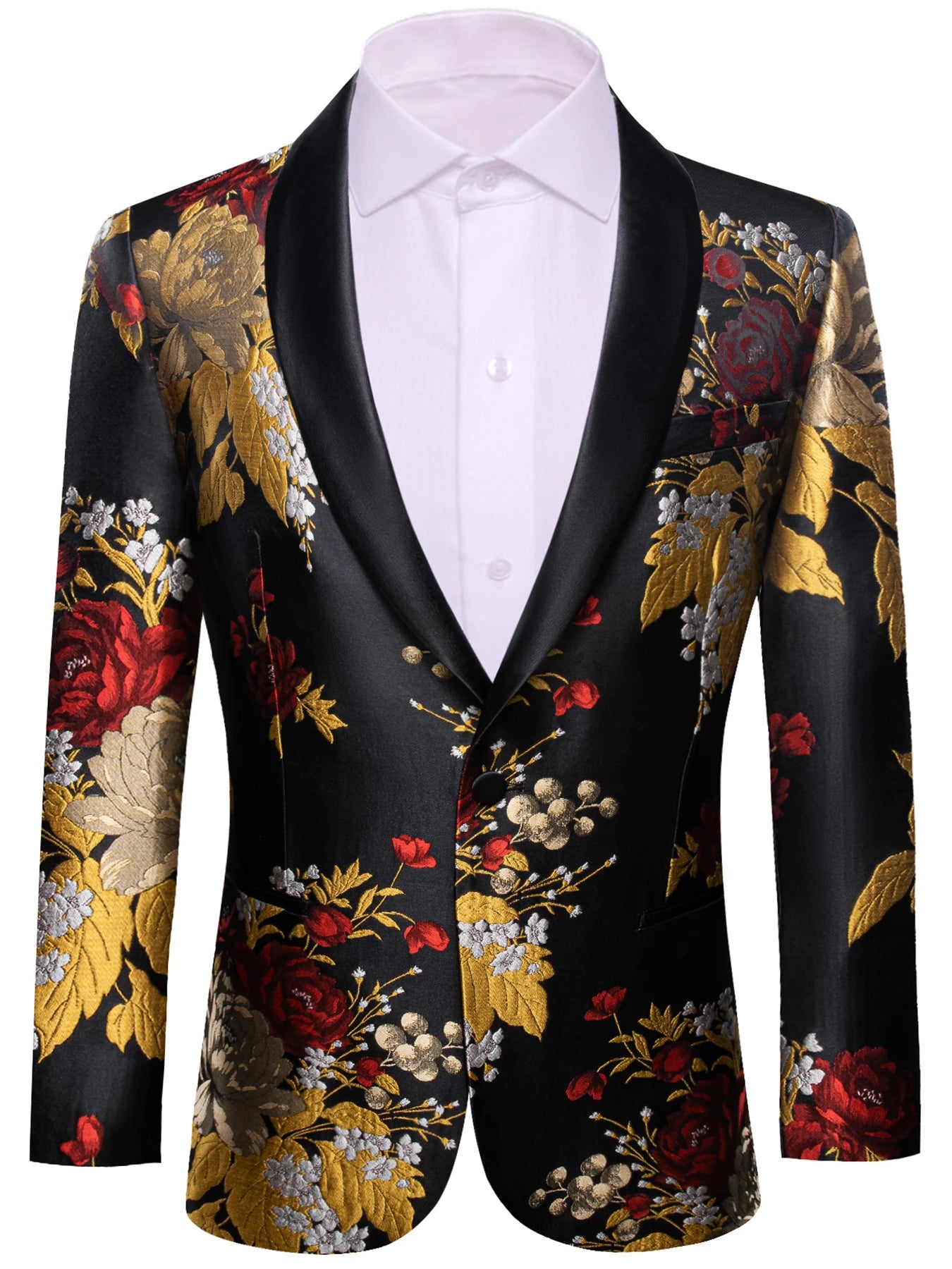 Men's Black Gold Red Floral Jacquard Shawl Lapel Blazer Single Breasted Tuxedo Jacket Suit Coat for Wedding Prom Party Outerwear Qme XX-0030 XXXL