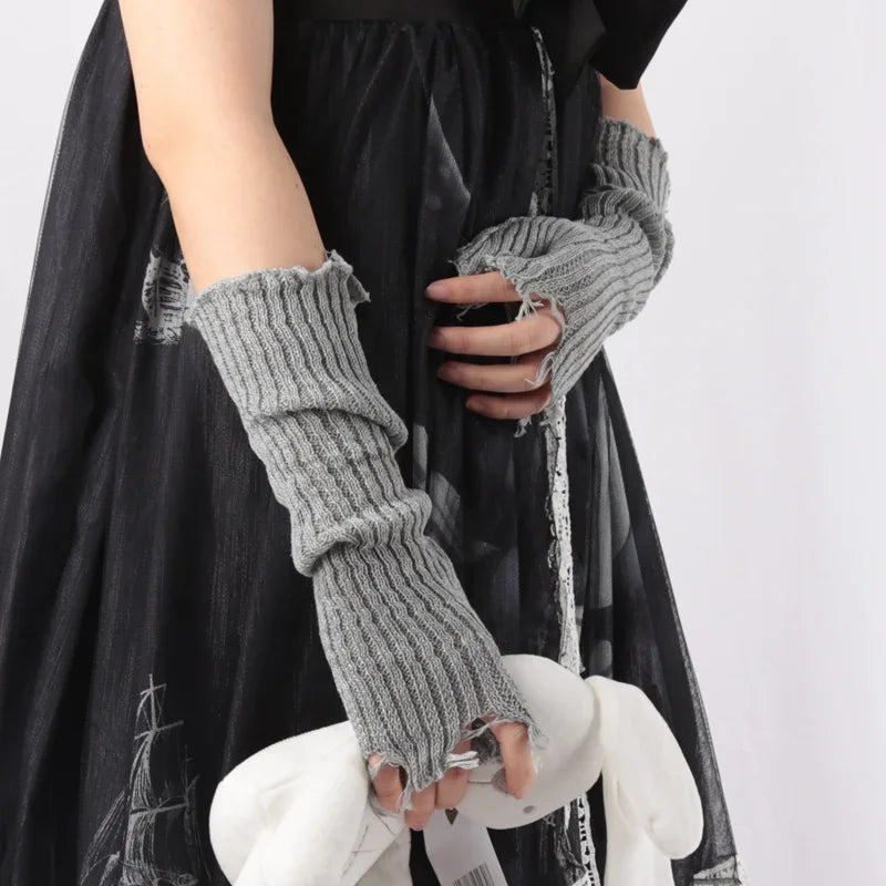 1Pair Punk Broken Unisex Gloves Knitted Ripped Oversleeves Warm Arm Qme GRAY Length-33cm