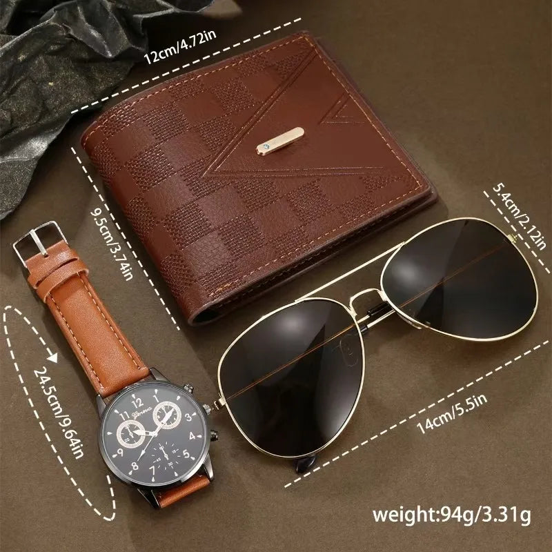 Cross border 2025 hot selling GENEVA fake three eye personalized belt watch wallet sunglasses 3pcs gift box set Qme