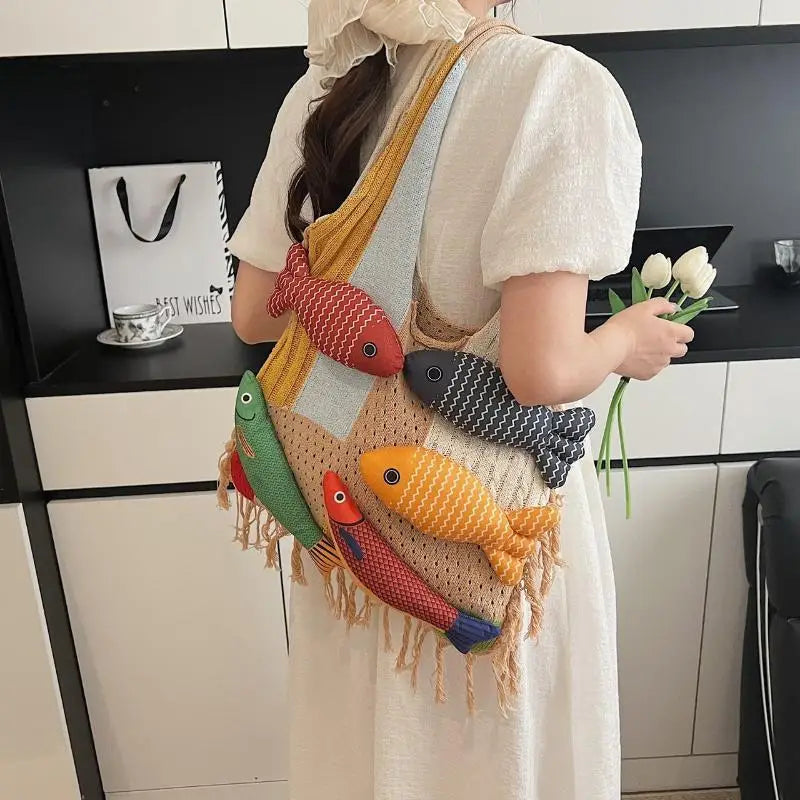 Creative Tassel Knitted Splicing Shoulder Bag Cute Little Fish Tote Qme