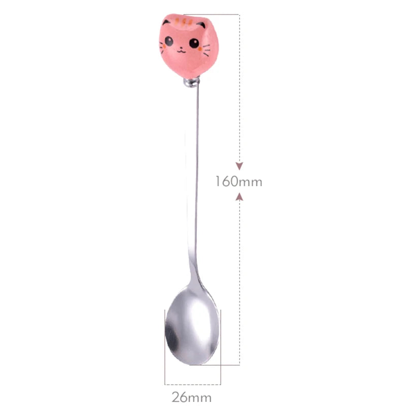 Dessert Spoons Flatware Kitchen Tools Ice Cream Cartoon Stirring Qme Cat Pink