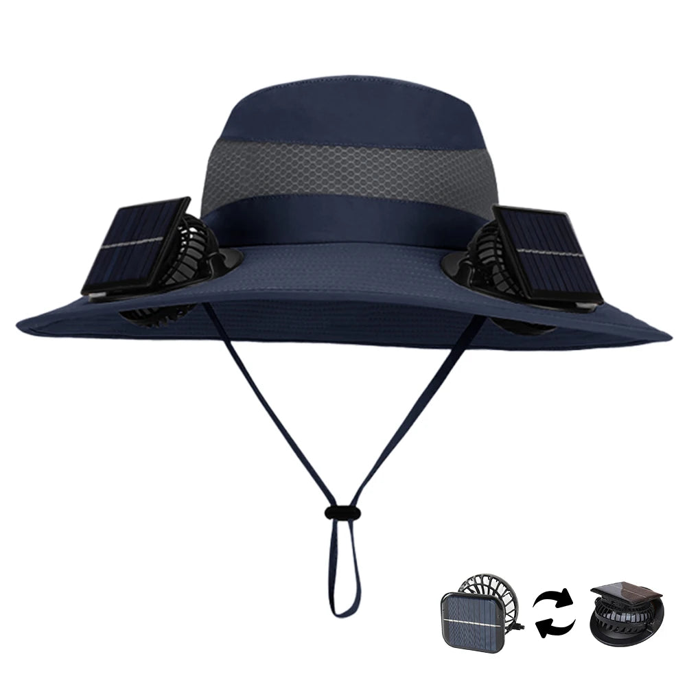 For Outdoor Camping Fishing Hiking Sunscreen Fisherman Hat Solar Fan Cap Portable Solar Charging Cap with Fan Suitable Qme Navy Blue pure color