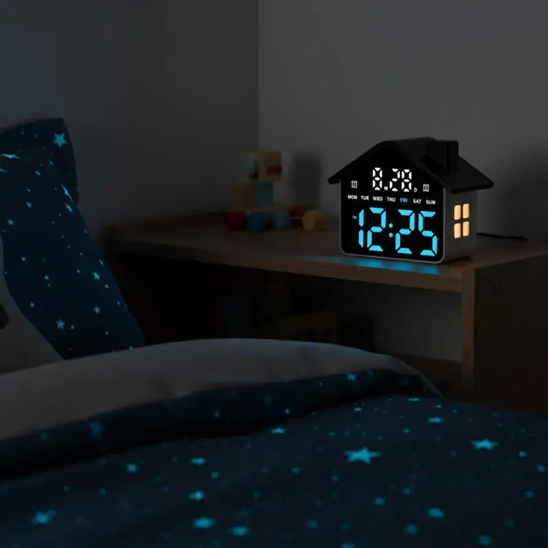 House Shaped LED Digital Alarm Clock Date Week Brightness Adjustment Qme