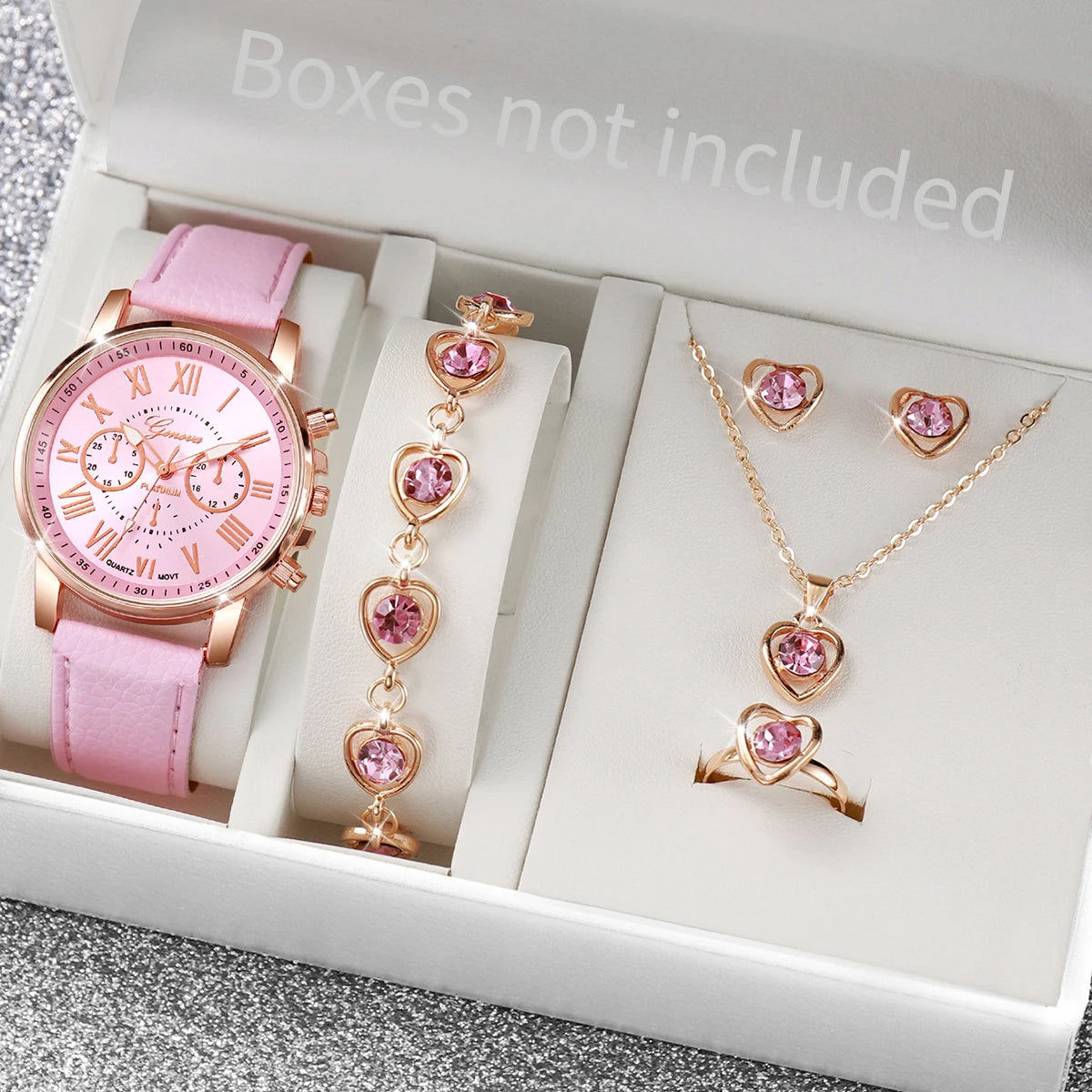 6PCS/Set Fashion Women's Quartz Watch Leather Band Analog Wrist Watches Heart Rhinestone Jewelry Set(Without Box) Qme