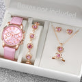 6 Pçs/set Moda Feminina Relógio de Quartzo Pulseira de Couro Analógico Relógios de Pulso Coração Strass Conjunto de Jóias Qme Pink