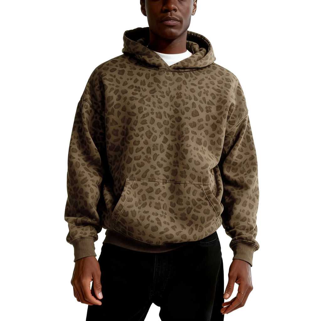 Men's and Women's High Street Casual Soft and Comfy Sports Long-sleeved Sweatshirt Fashion Leopard Printed Daily Hooded Top Qme Light Brown S