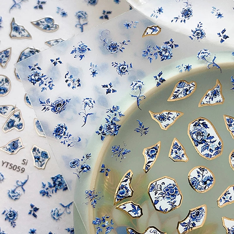 Blue White Porcelain-style 3D Nail Art Stickers Self-adhesive Qme