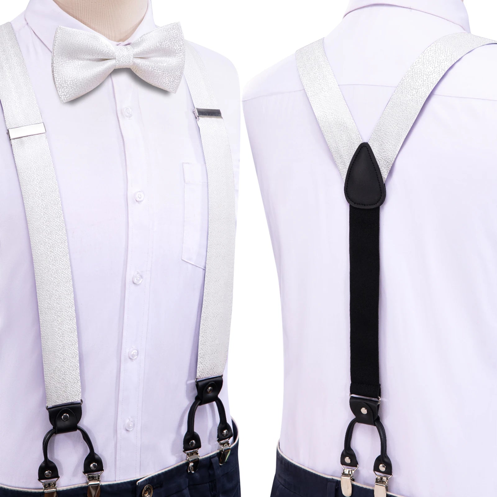 Hi-tie Silk Mens Braces Bowtie Hanky Cufflinks Y Back Clip Adjustable