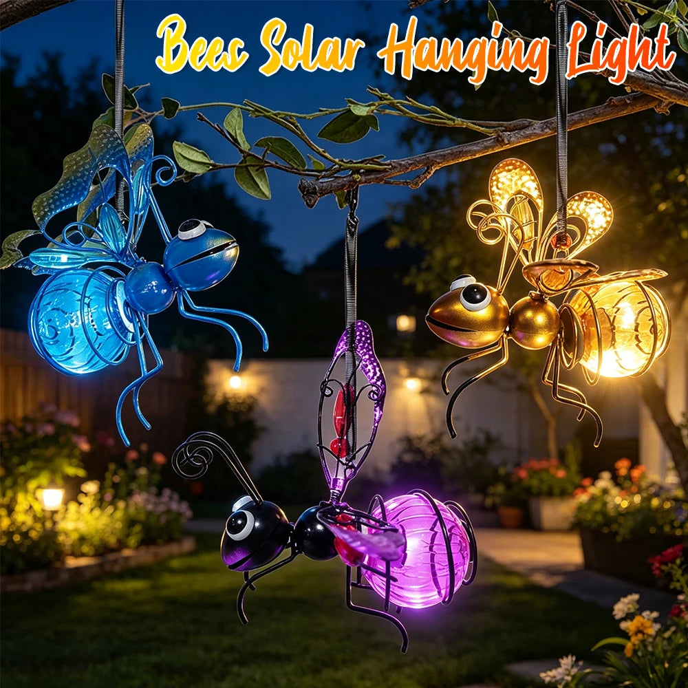 Solar-Powered Hanging Metal Bees Light Garden Decor Lady Sculpture with Bouncy Springs Summer Outdoor Art Decorations Qme