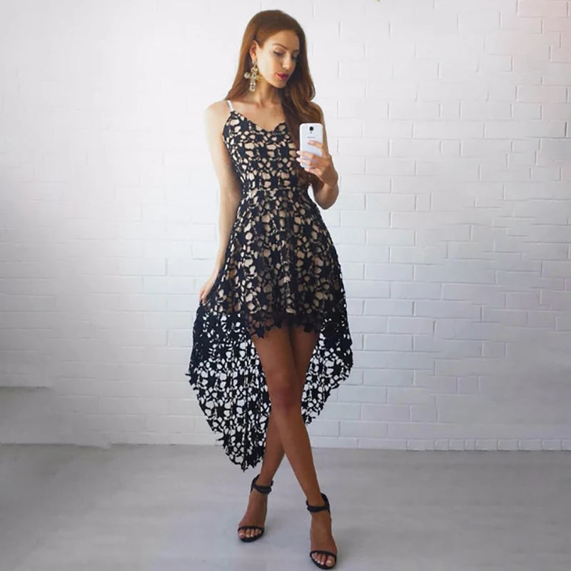 Fashion Elegant Lace Off Shoulder Sling Sling Dress Solid Color V Neck Spaghetti Straps Lace Party Dresses Summer 2022 Women's Qme Black S