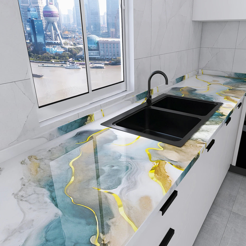 Kitchen Oil-proof High-Temperature Resistant Waterproof Moisture-Proof Marble-Look Hot-Stamped Self-Adhesive Oil Fume Sticker. Qme qingyitangjin 40cmX5m