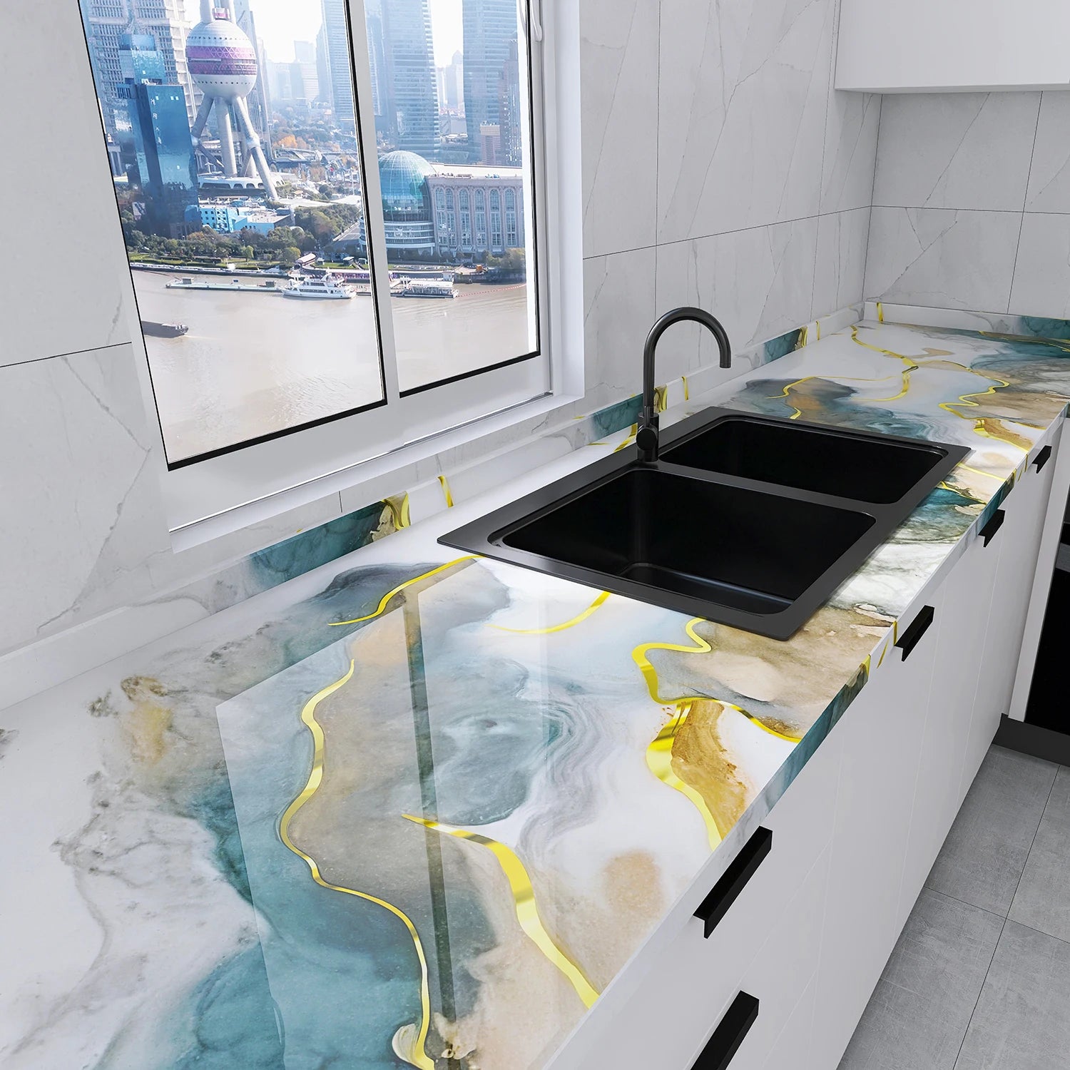 Kitchen Oil-proof High-Temperature Resistant Waterproof Moisture-Proof Marble-Look Hot-Stamped Self-Adhesive Oil Fume Sticker. Qme qingyitangjin 40cmX5m