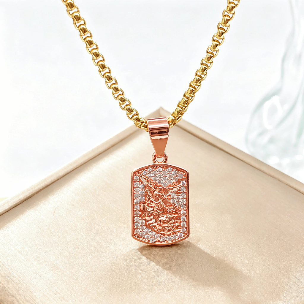 High Quality Square Religious St. Michael Stainless Steel Necklace Fashion for Men Women Party Gold/Rose Gold Zircon Jewelry Qme 6 60cm
