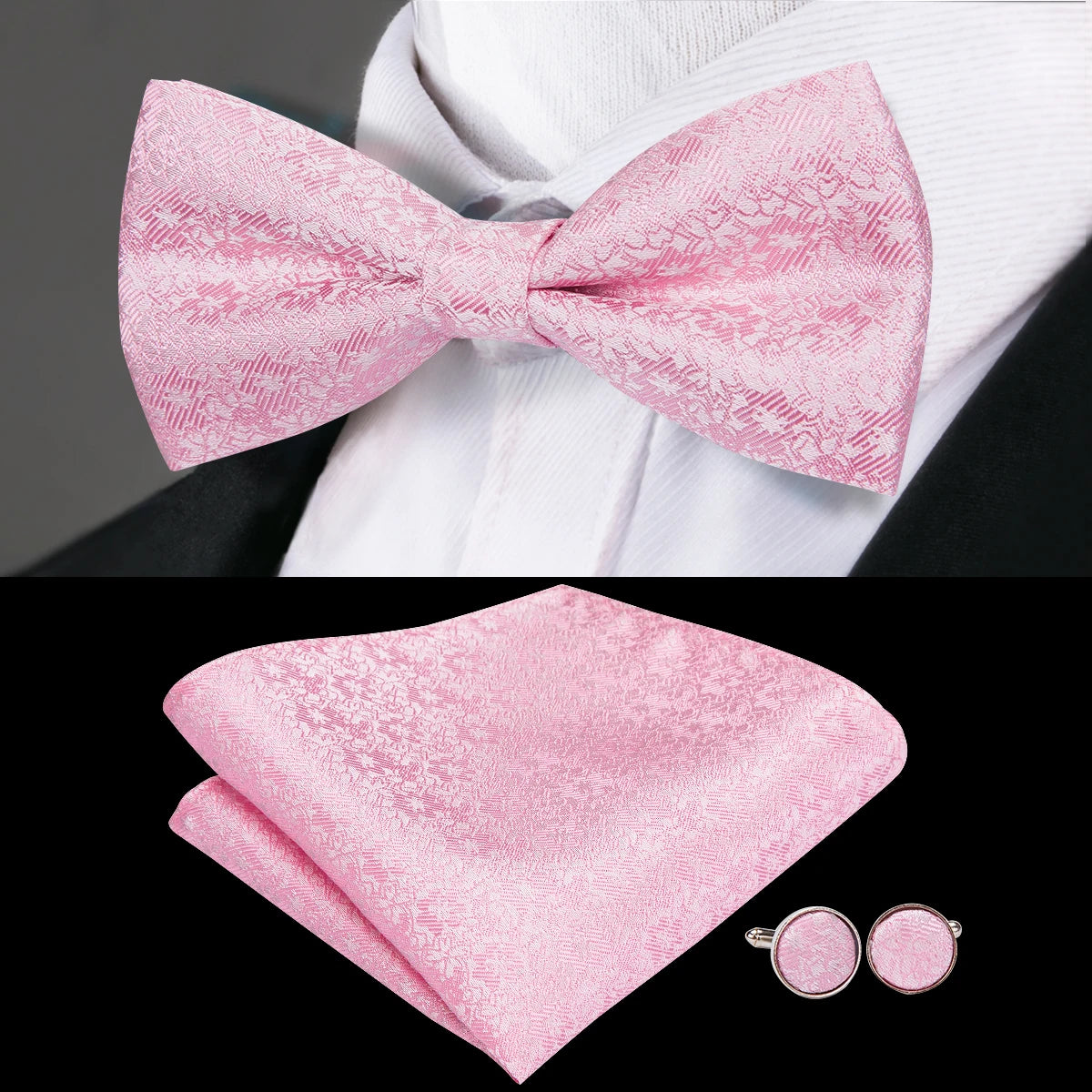 Hi-tie Grey Plaid Jacquard Pre-tied Mens Bow Tie Hanky Cufflinks Qme LH-0751