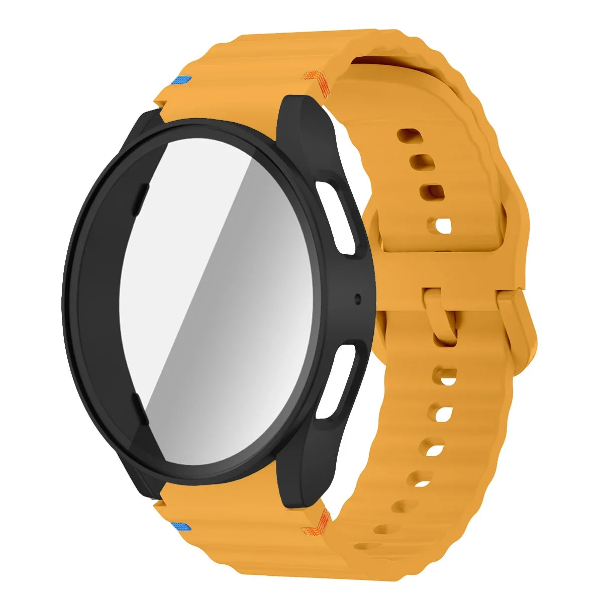 Silicone Strap for Samsung Watch 7 6 5 4 40mm 44mm 5Pro 45mm Band With Case Screen Protector Bumper cover for Wrist Accessories Qme Yellow-Black Watch 6 Classic 43mm