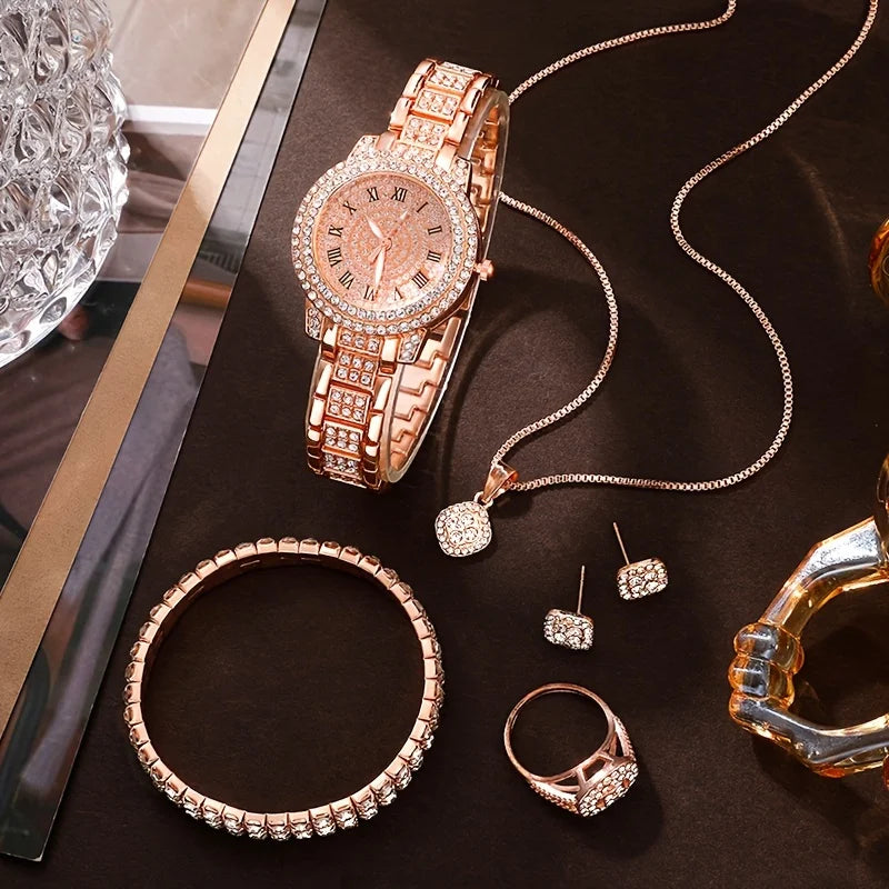 6pcs/set Women's Watch Luxury Rhinestone Quartz Watch Hiphop Fashion Analog Wrist Watch & Jewelry Set, Gift For Mom Her Qme Rose gold set