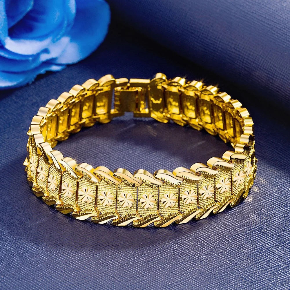 Original 925 sterling silver 18K gold color pretty Wide Bracelet for Women MEN fashion designer jewelry PARTY wedding Qme Gold