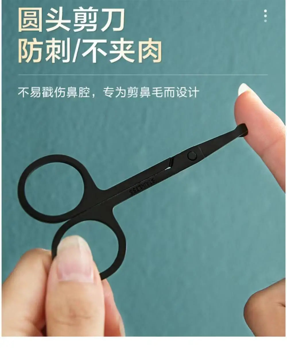 Silver Mirror Light Black Round Head Safety Nose Hair Scissors Qme
