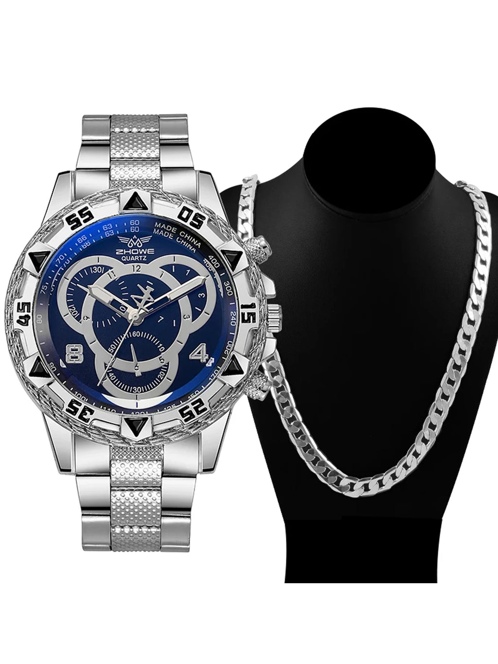 Business Blue Light Men's Watch Large Dial Quartz Watch Silicone Strap Set Qme Coffee