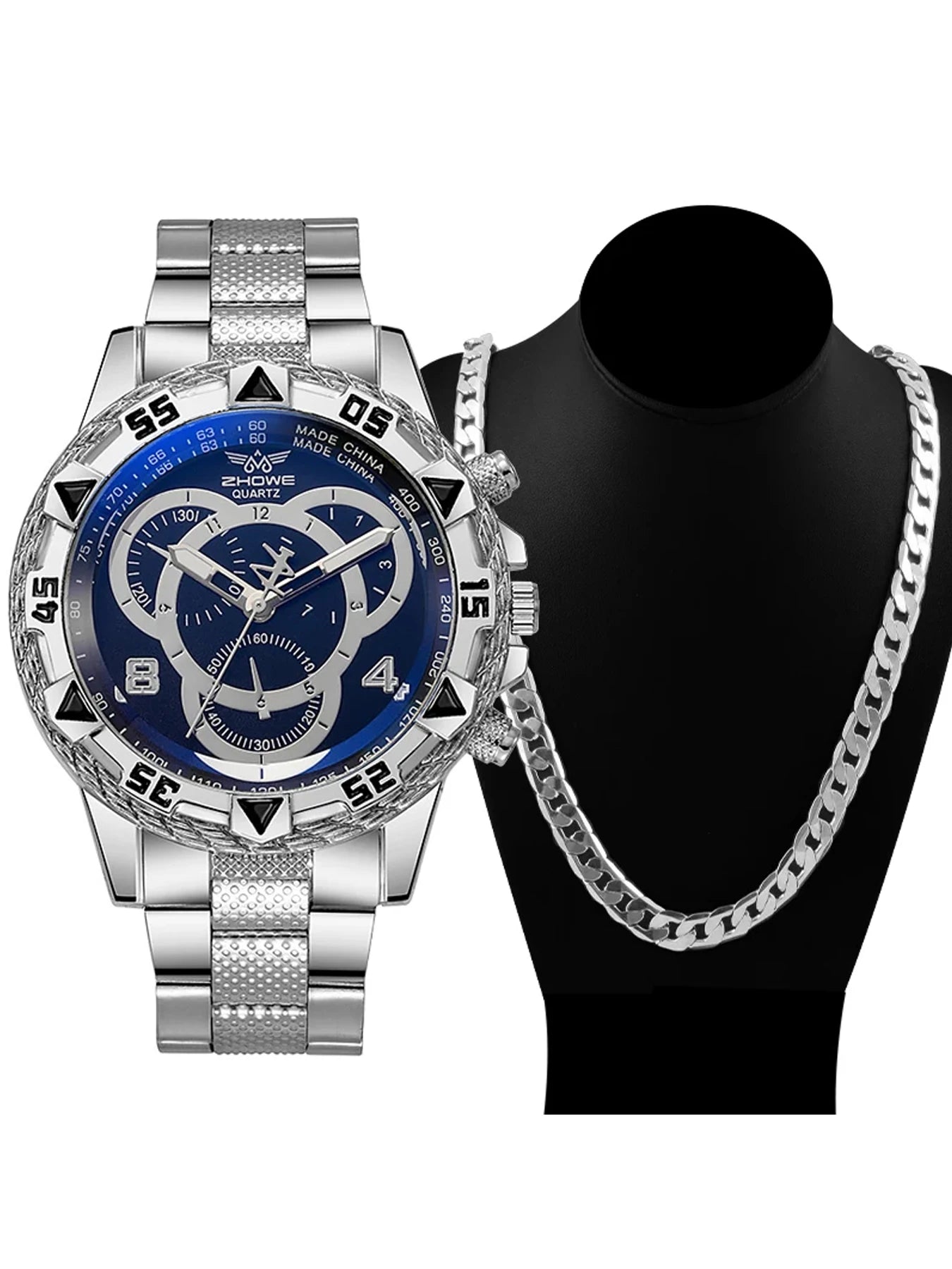 Business Blue Light Men's Watch Large Dial Quartz Watch Silicone Strap Set Qme Coffee