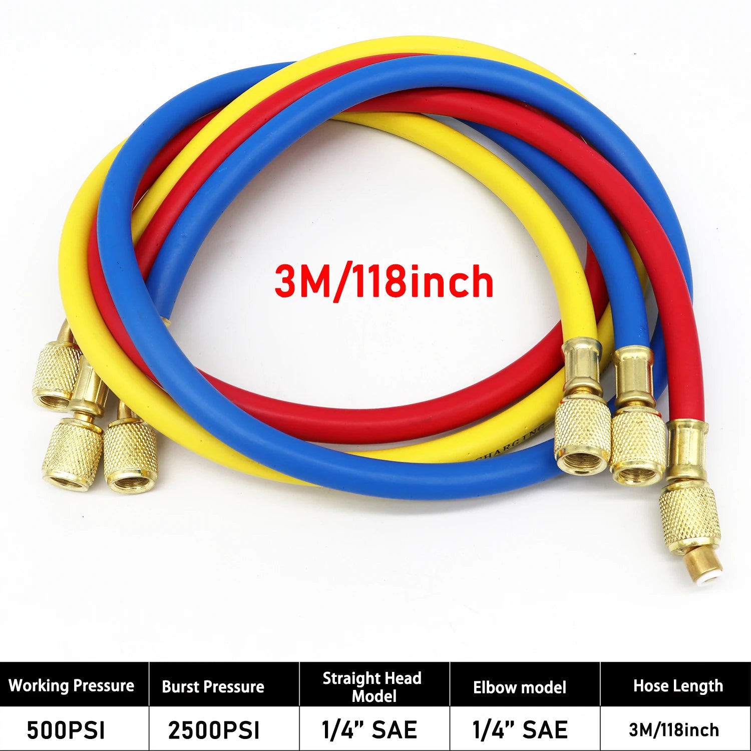 0.9M-1.8M AC Charging Hose Tube Kit Hose Low Loss Fittings for R134A R12 R22 Refrigerant Air Conditioning Manifold Gauge Qme 3.0M 2500psi