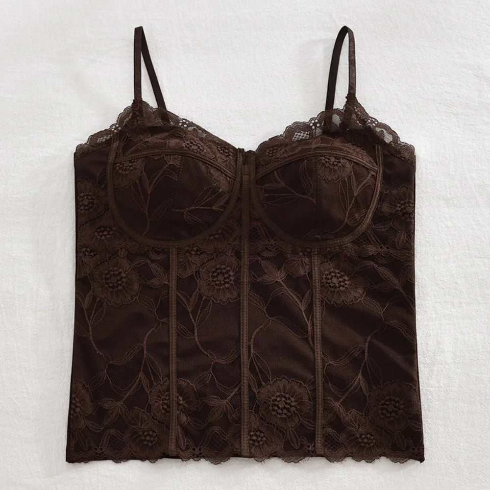 Chic Mesh Flower Slim Lace Crop Bottoming Shirt Sweet Girl's Vest V Qme Coffee L