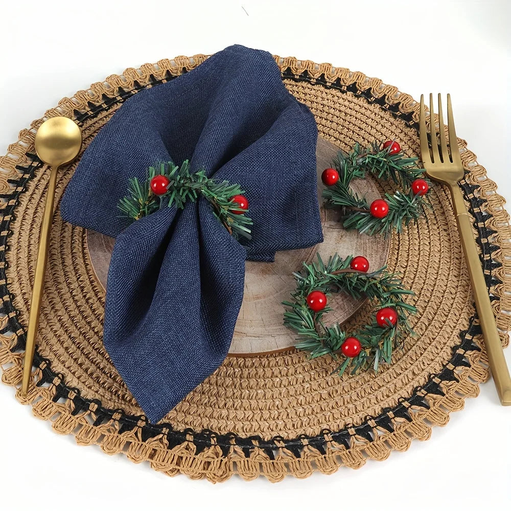 12-Pack Handcrafted Red Berry and Pine Needle Tablecloth Rings for Christmas Home Decor Qme