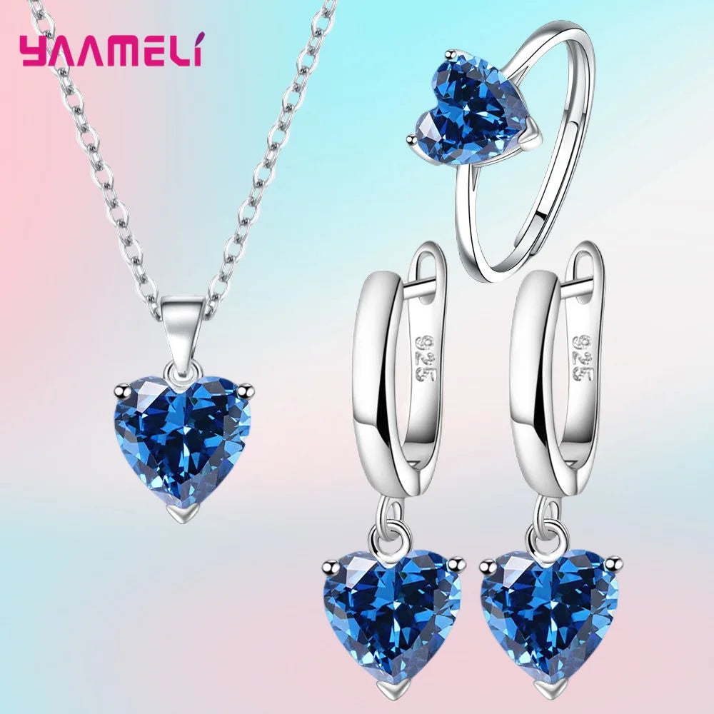Fine 925 Sterling Silver Color Jewelry Gift Sets for Women Female Romantic Heart Zircon Huggie Earrings Pendant Necklace Ring Qme Blue