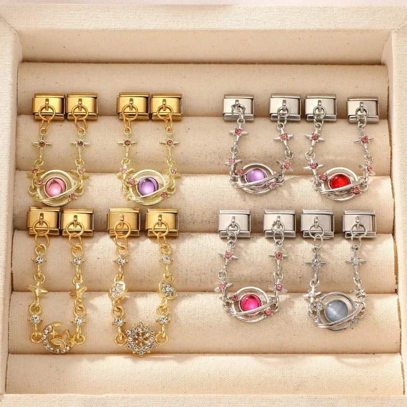 Y2K Gold Color Round Planet Pendant Tassel Chain Charm Italian Links Fit 9mm Stainless Steel Module Bracelet DIY Making Jewelrys Qme