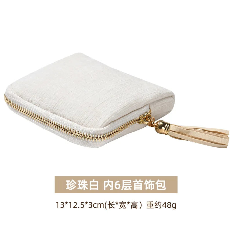 Tassel Jewelry Organizer Bag Portable Travel Case with Metal Zipper for Bracelets Jade Bangles Necklaces Rings Storage Pouch Qme Pearl White
