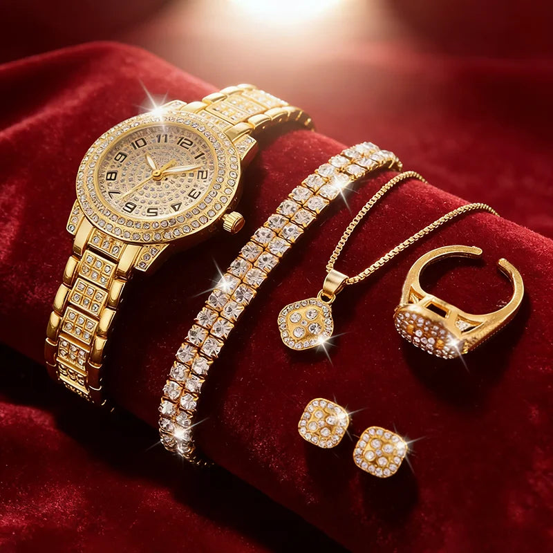 2pcs/set Luxury Women Gold Watch Fashion Ladies Quartz Diamond Wristwatch Elegant Female Bracelet Watches Set Qme