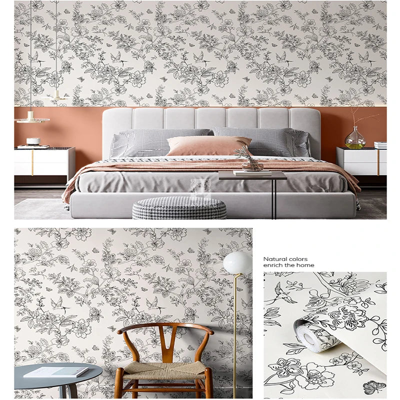 Black White DIY Floral Wallpaper Peel Stick Contact Paper Flowers Qme 1chun zhi que 400cmx44cm