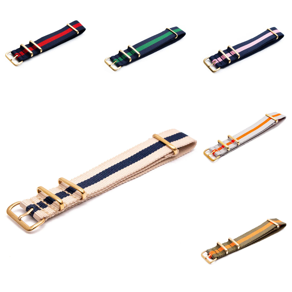 High Quality Luxury Striped Nylon Smart Watch Strap 18MM 20MM 22MM Gold Square Buckle Wear-resistant Woven Strap Qme