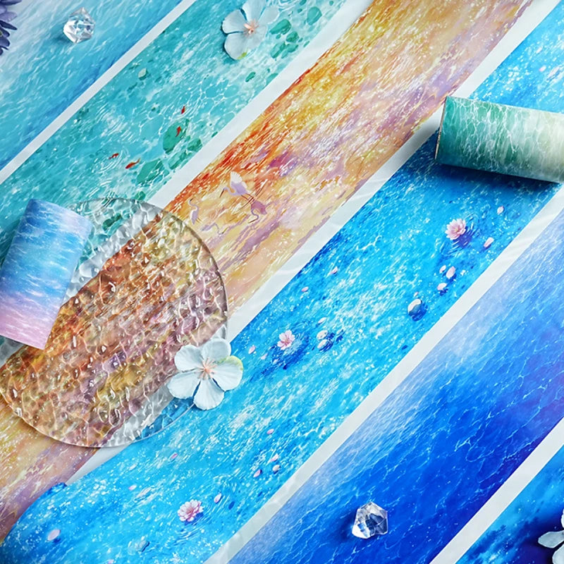 Dreamy Water Wave Base Tape, Summer Ocean Sparkle Long Roll Tape for Junk Journal and Notebook Decoration Qme