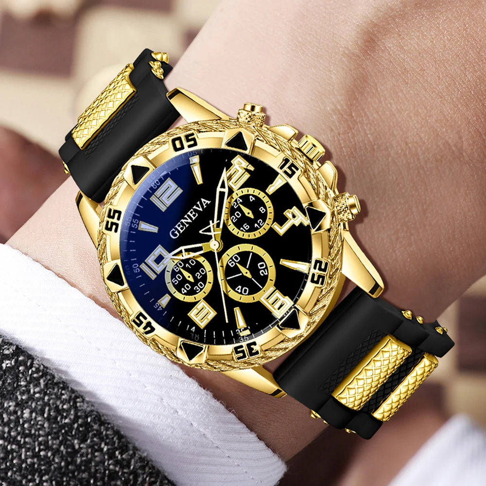 Geneva Black Gold Tape Three Eye Men's Sports Watch Cuban Bracelet Cross Necklace Fried Dough Twists Ring Set of Four Qme