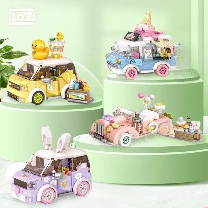 Mini Blocks City Series Street View Cartoon Rabbit Duck FOOD Truck Fruit/Icecream Shop Car Assemble DIY Toys Children Boys Gifts Qme