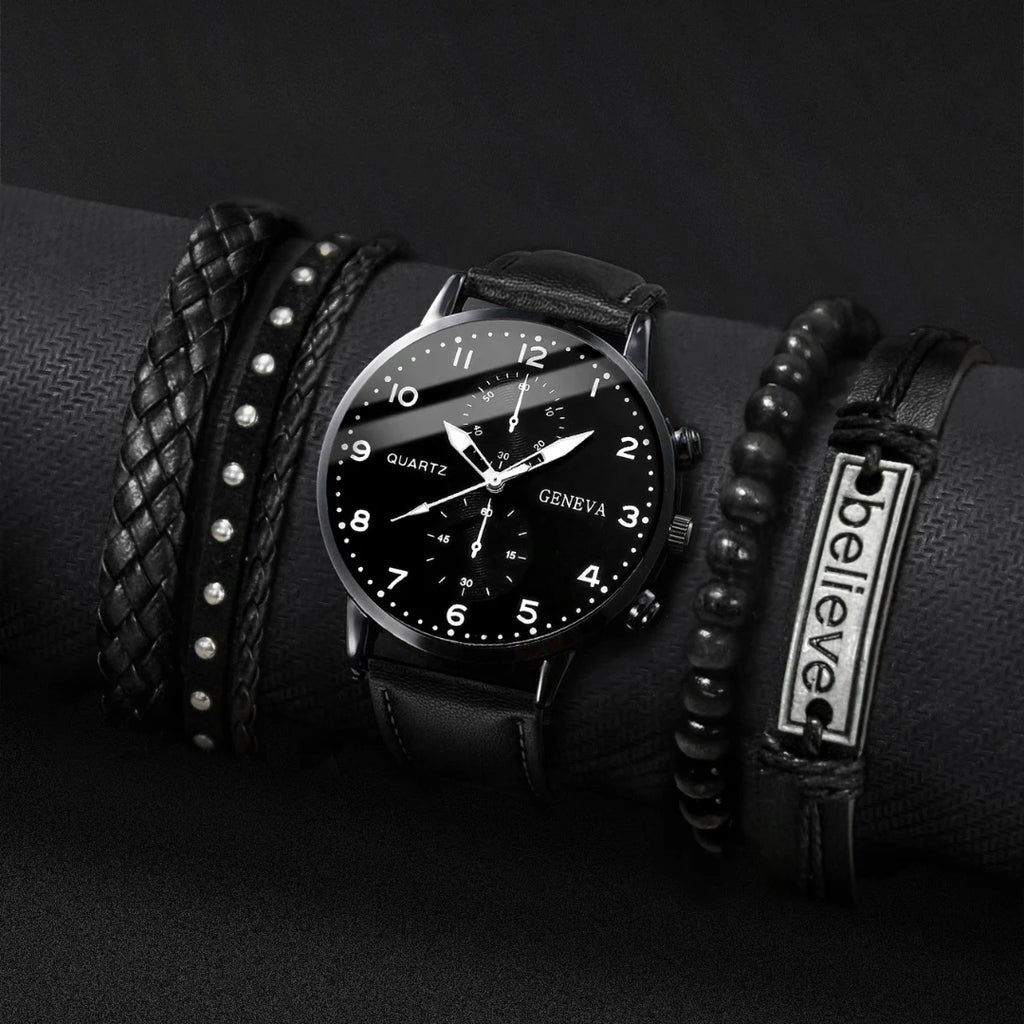5 Pçs/set Relógios de Negócios Masculinos Moda Mostrador Árabe Pulseira de Couro Conjunto de Pulseiras de Relógio de Quartzo Qme