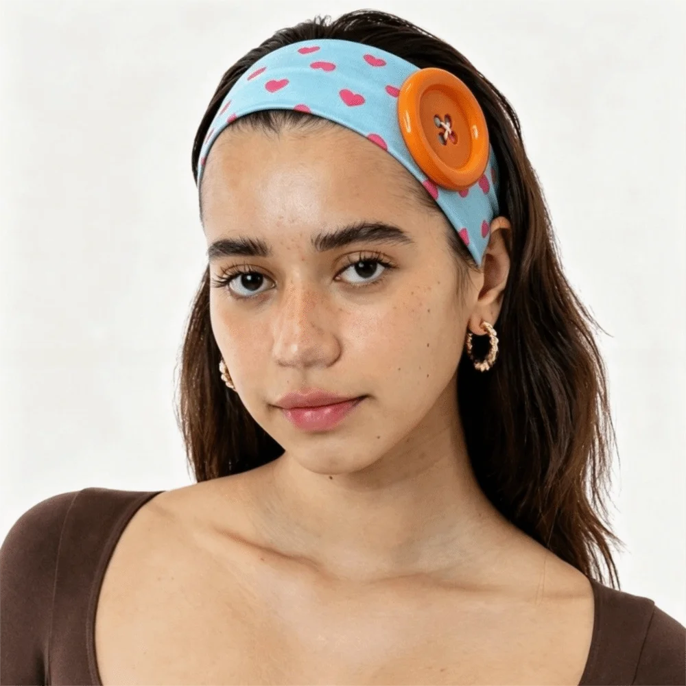 Love Heart Polka Dot Button Headband Elastic Adjustable Yoga Hair Qme