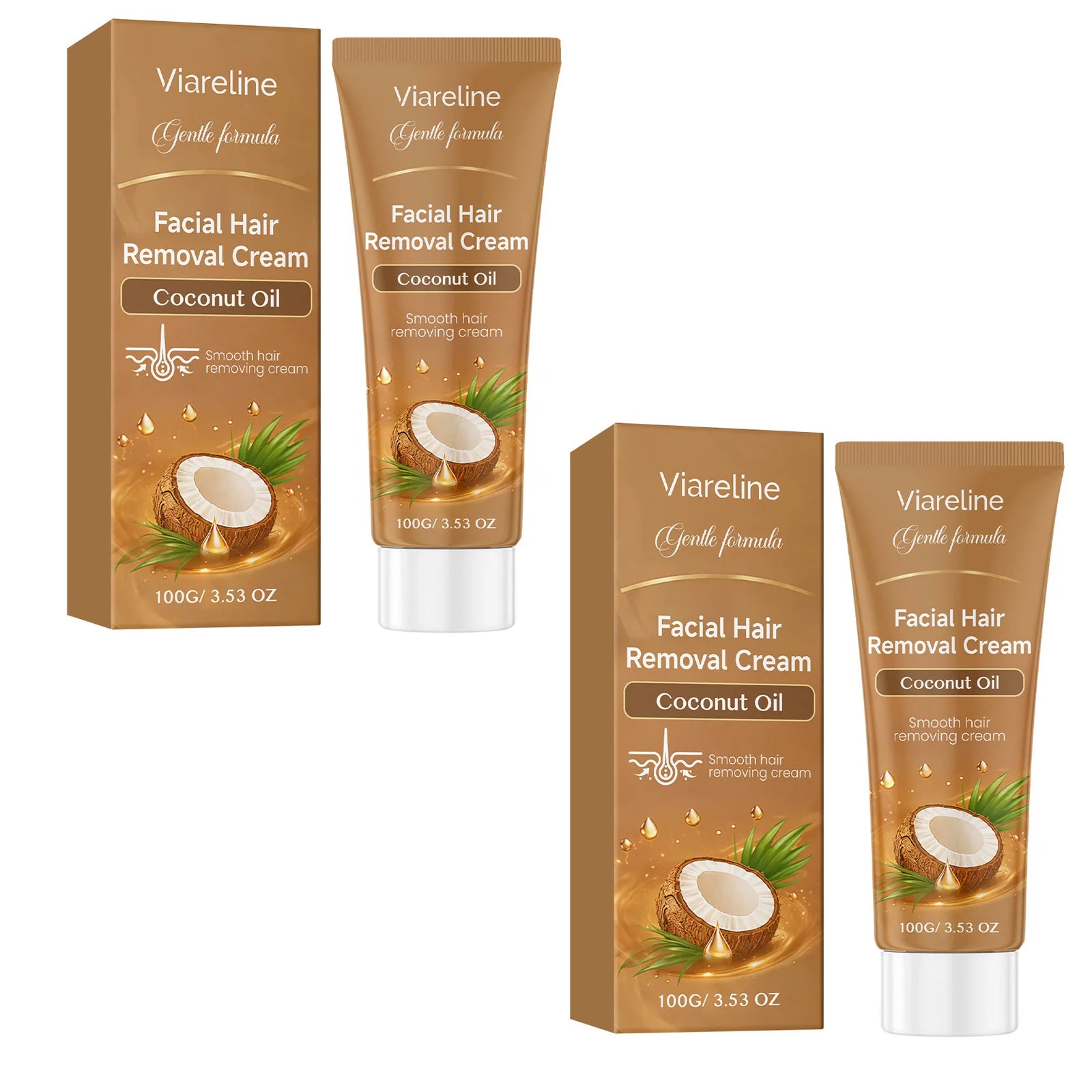 Viareline Facial Hair Removal Cream Painless Hairs Growth Inhibitor Smooth Skin Care Coconut Oil Face Hydrating Depilatory Cream Qme 2 X 100g Boxed