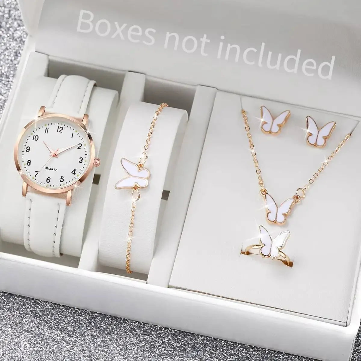 6 Pieces Women's Fashion Watch Arabic Dial Leather Bracelet Quartz Watches Butterfly Jewelry Set (Without Box) Qme WHITE